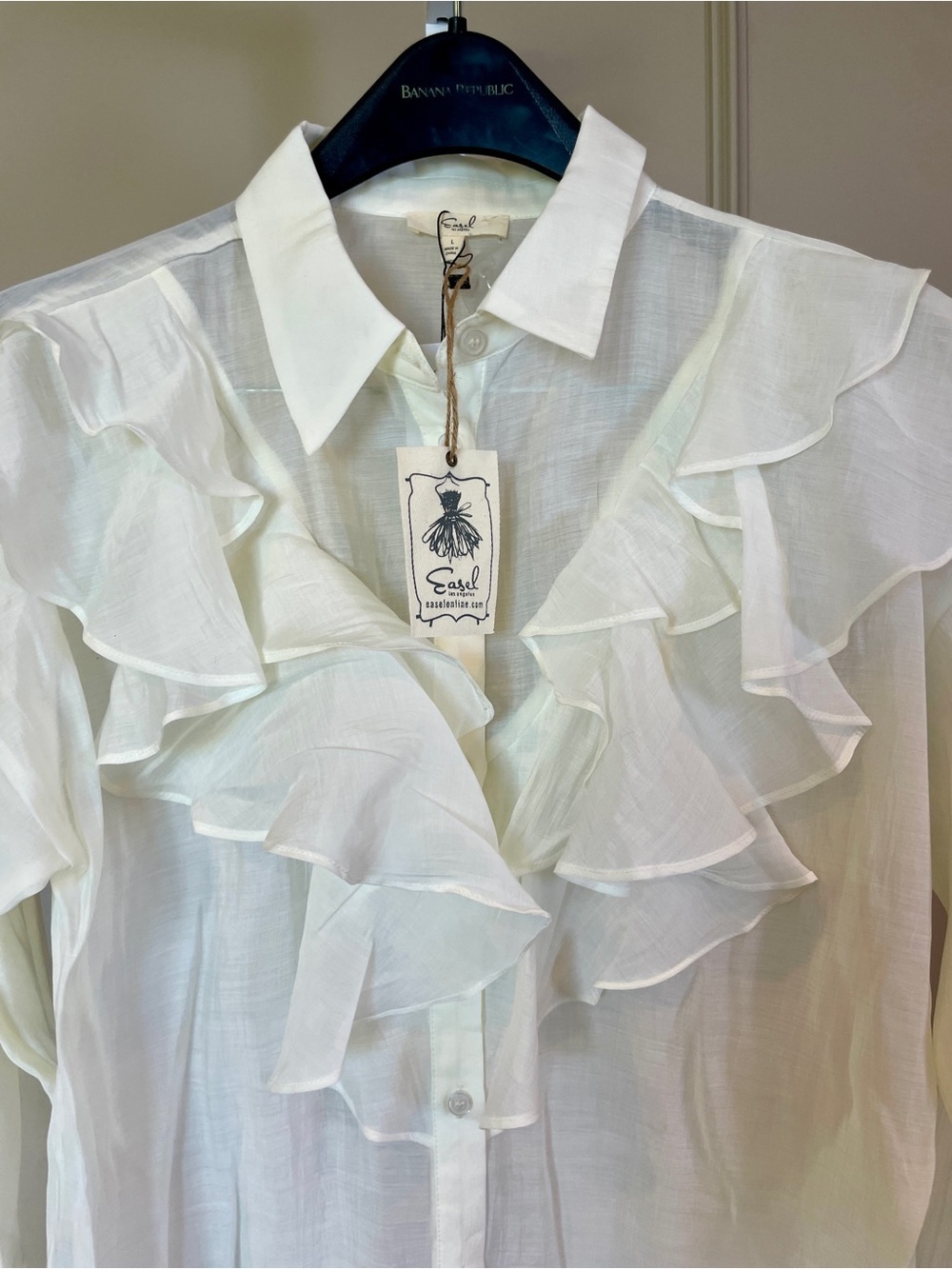 Easel New NWT Large Blouse Button Down Top Shirt Sheer Ruffle Ivory White